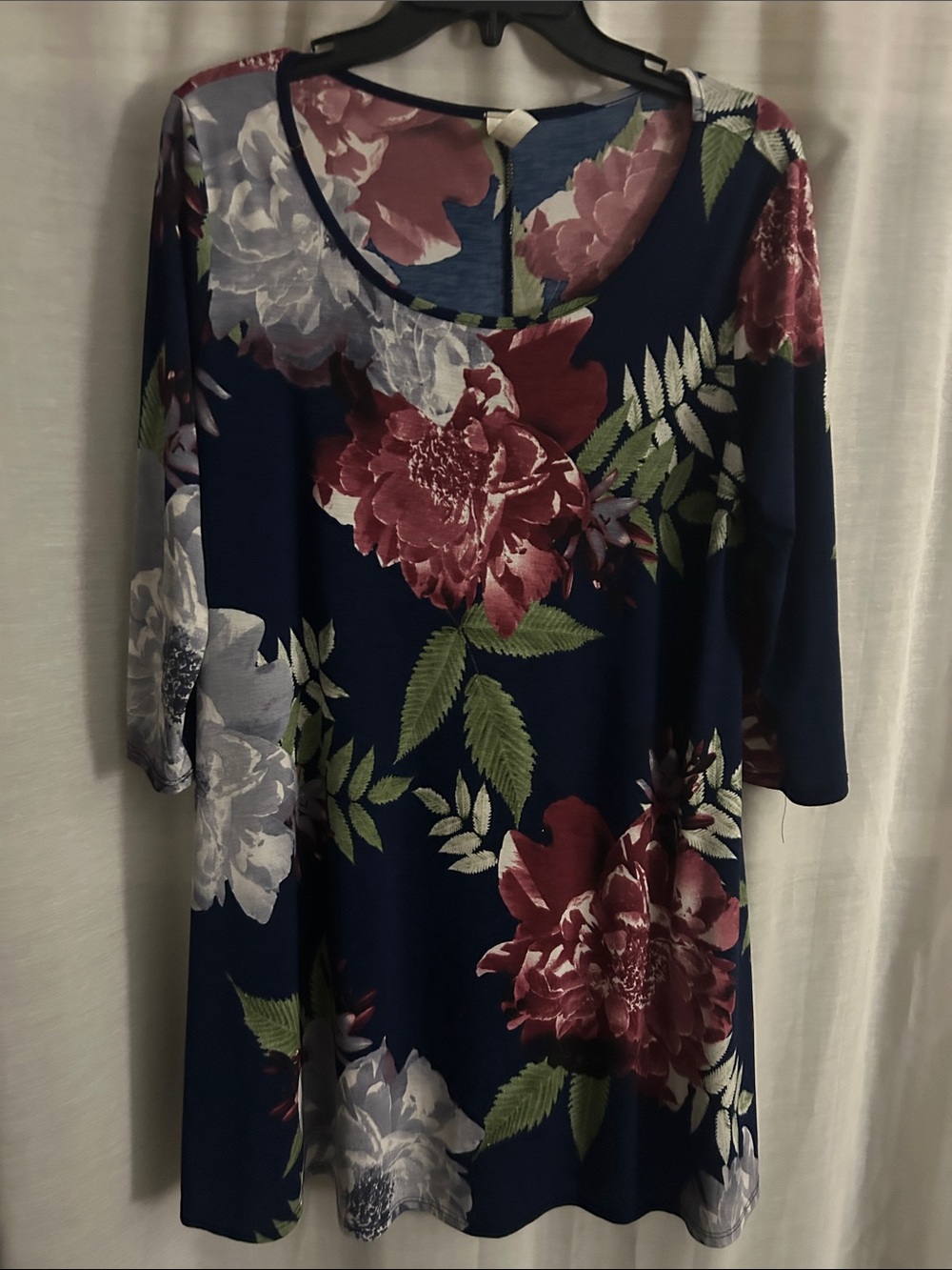 Navy Floral Long Sleeve Dress with Burgundy & Green Print Size m-l